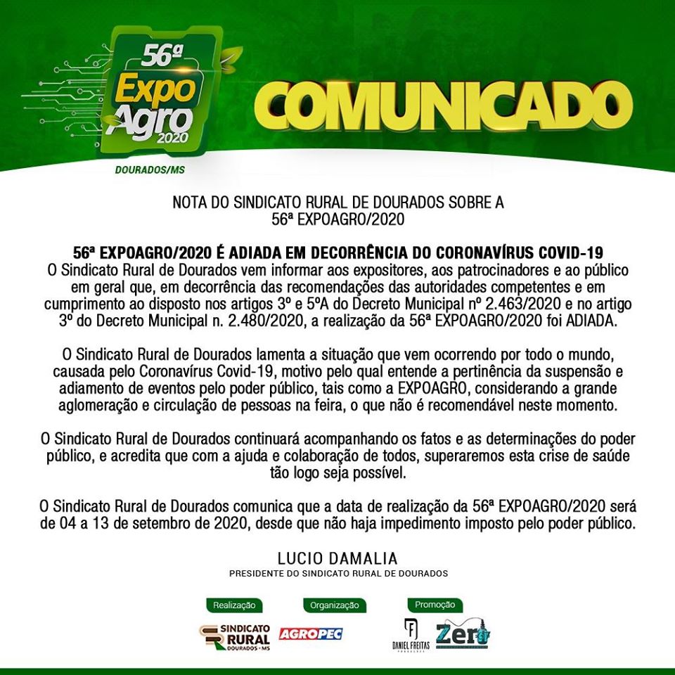 COVID-19: Sindicato Rural de Dourados anuncia adiamento do 56ª EXPOAGRO 