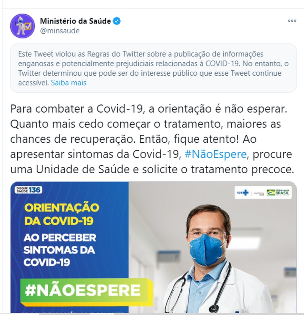 Ministério da saúde é alertado no Twitter sobre informação falsa 