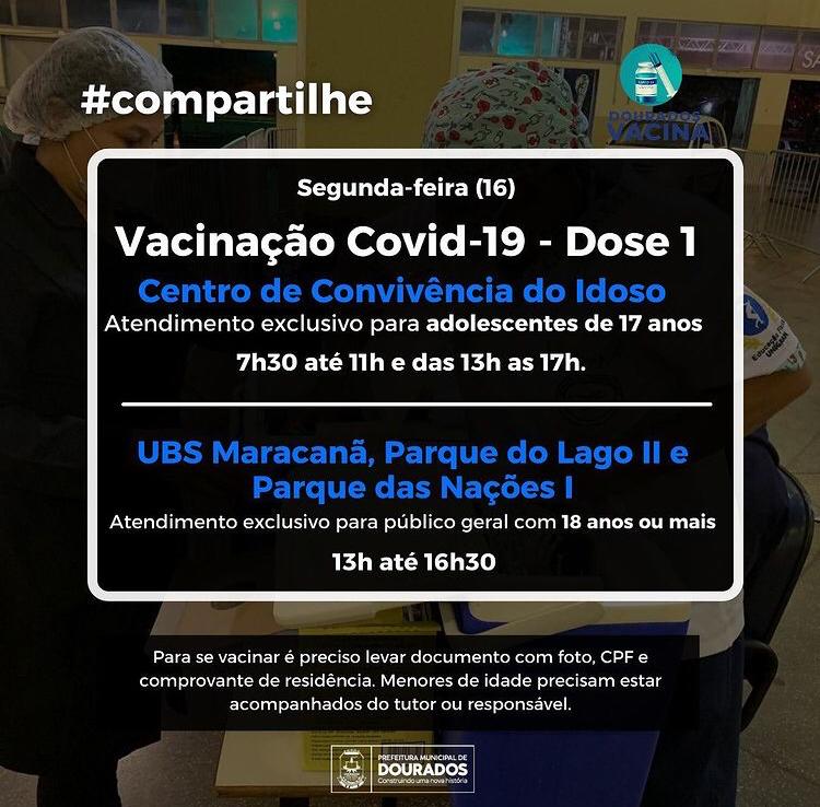 Vacinas hoje 16/08 Dourados