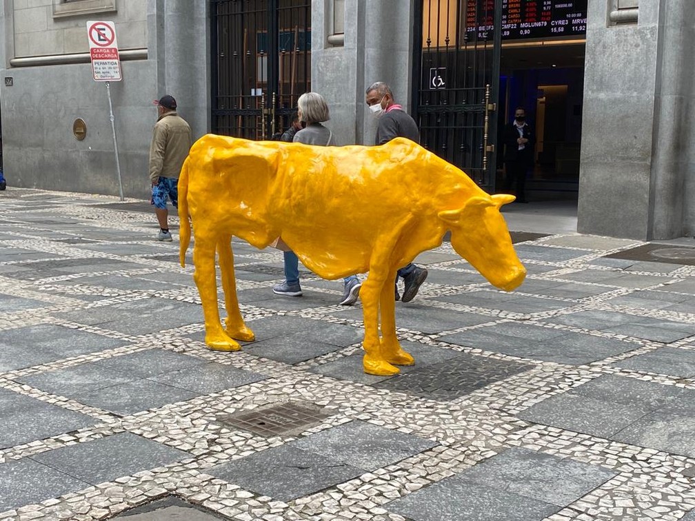 'Vaca magra' é instalada em frente à Bolsa de Valores, no Centro de São Paulo