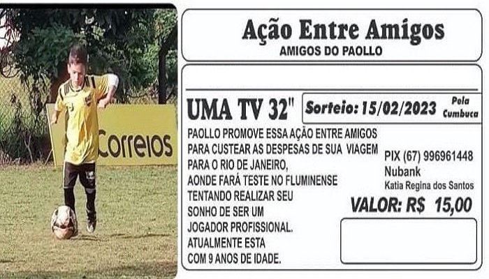 Para realizar teste no Fluminense, douradense de 9 anos vende rifa para custear despesas
