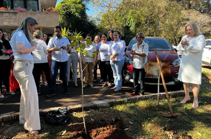 Secretaria de Saúde inicia ações de incentivo à amamentação com o plantio de muda de Ipê Branco.