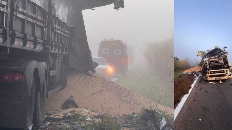 Neblina atrapalha ultrapassagem e causa acidente entre carretas na MS-276