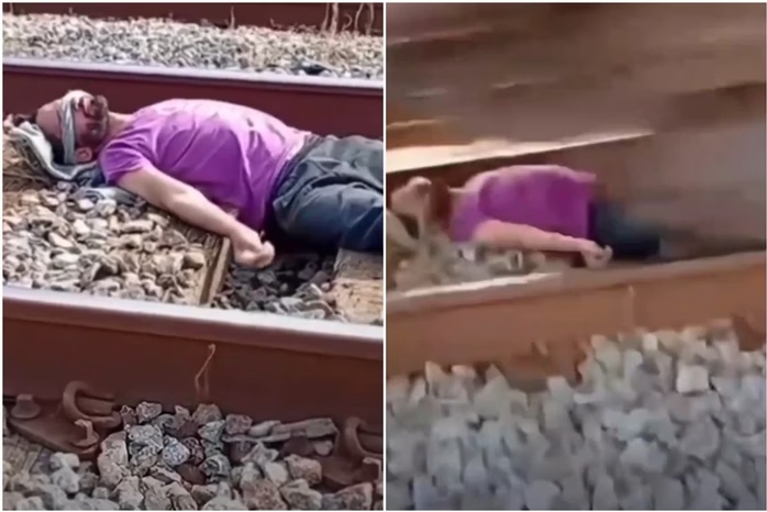 Homem deita em trilho e trem passa por cima dele em desafio de internet