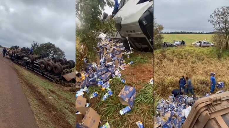 Carga de leite é saqueada após carreta tombar às margens da BR-163
