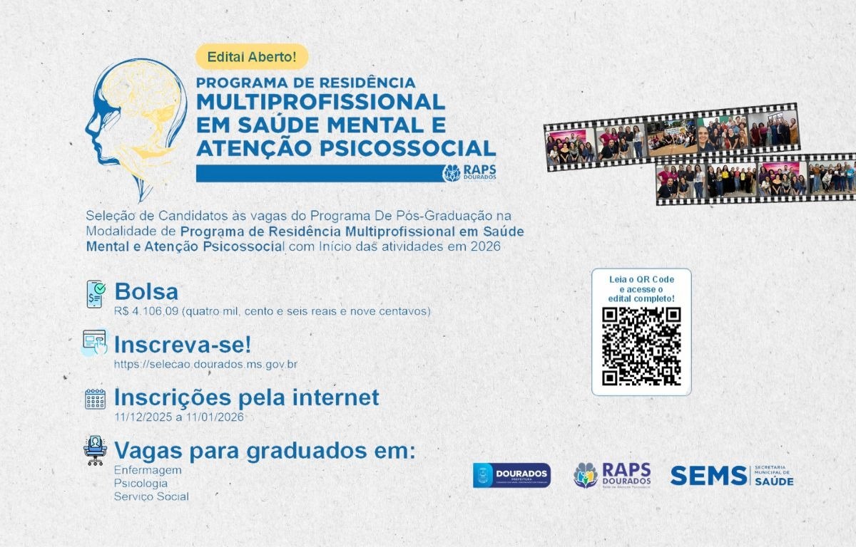 Prefeitura abre Residência em Saúde Mental para enfermagem, psicologia e serviço social