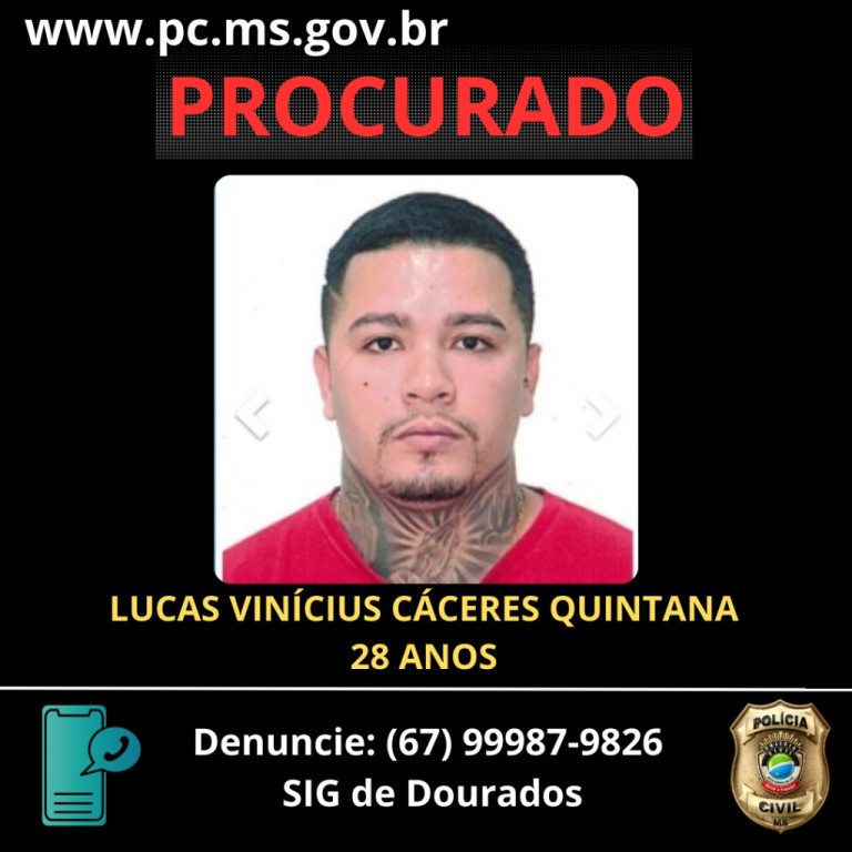 Polícia divulga foto de suspeito procurado por tentativa de homicídio e tráfico em Dourados